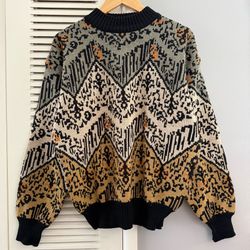 Vintage 80’s 90’s HOOPLA Geometric Brown Tan Gray Mock Neck Sweater