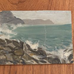 LOUISE KAMP (1(contact info removed)) Superb c1940s Rocky Seascape Oil Painting (Listed, NY.)