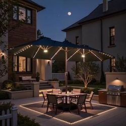 New Double Top 14.5 ft. Steel Cantilever Outdoor Patio Umbrella with Base and LED Smart Strips in Navy Blue  New in box MIMAX700 * Solar-Powered, Colo