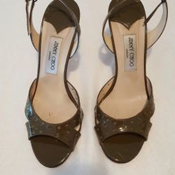 Jimmy Choo Patent Leather Slingback Sandals Olive Green heels Size 9 / 40