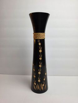 Mango Wood Dry Flower Vase Vintage Hand Carved Floral with Rope Detail 12"
