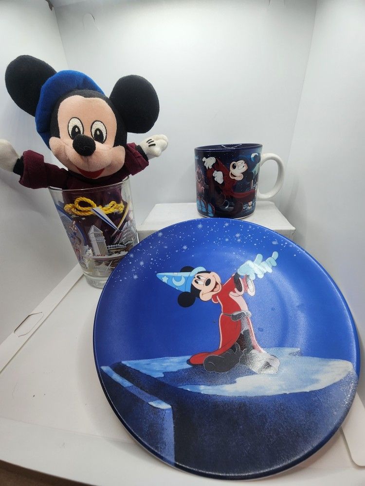 Disney Sorcerer Apprentice Collectable Plate .Plush Doll. Coffee Mug. Glass.
