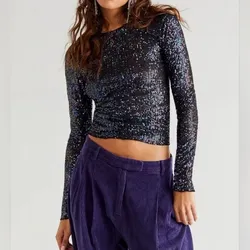 Free People Sequin Long Sleeve Top – Black Combo – Size M