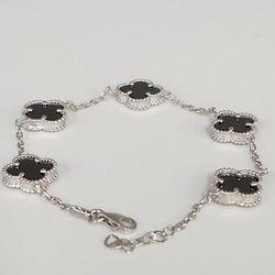 Fashion Silver Onyx Floral Clover Bracelet 8"