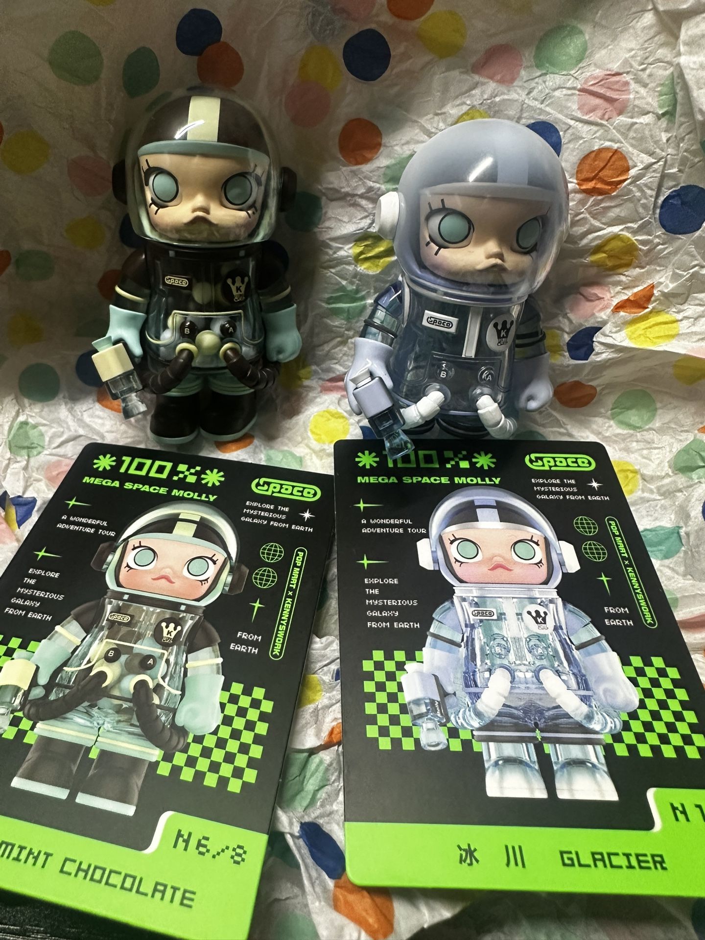 2 space Molly figures “mint chocolate “ and “glacier”