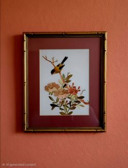 Vintage Asian bird art features handmade straw patchwork in a bamboo style frame 9.75"×11.75"
