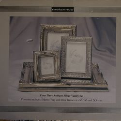Rare, Rare, Rare - New In Box Melannco Four Piece Antique Silver Vanity Set (Picture Frames Included)