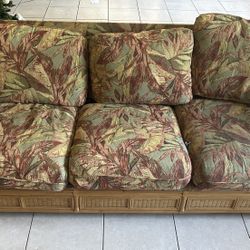 Vintage Rattan Sofa with Tropical Cushions 
