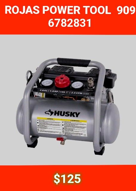 Husky
2 Gal. 135 PSI Portable Electric Oil-Free Quiet Jobsite Air Compressor with Dual Pressure Gauges and 1-Quick Coupler
