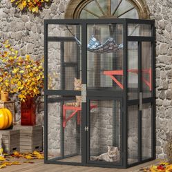 Cat Catio, Cat Shelter, Wooden Cat Enclosure, Kitten Cage Condo, Cat Catio Outdoor with Sunshine Board, Off-Ground Door, Jumping Platforms, Cat Cage, 