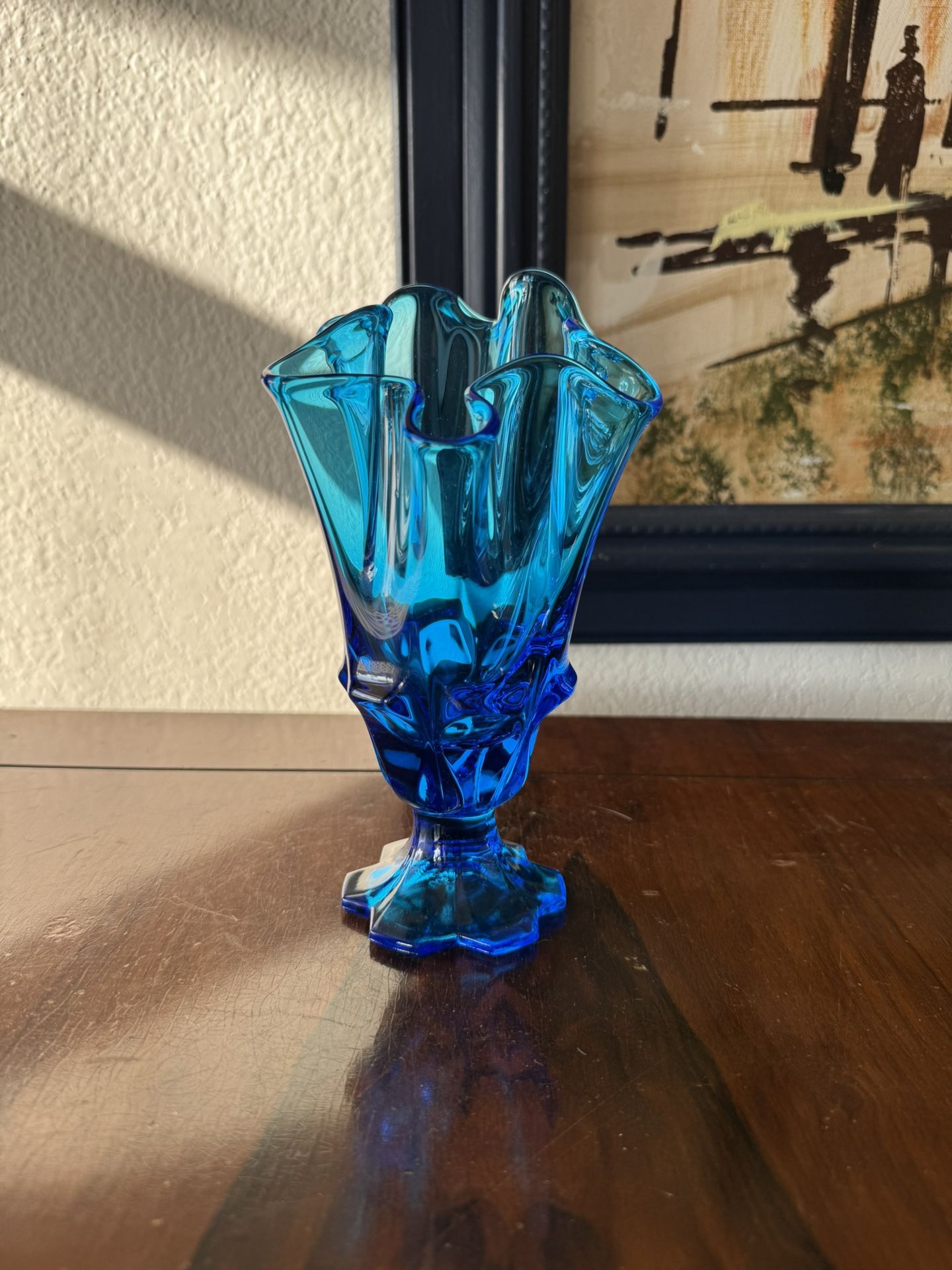 Vintage Fenton Colonial Blue Valencia Handkerchief Top Vase with Tab Footed Base