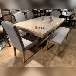 New Marble Top Dining Table Set With 4 Chairs And Bench Included  // Holiday Sales 