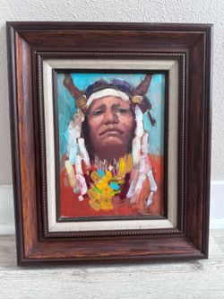 Mid-Century Southwestern Oil Painting Native American Portrait Impasto Framed