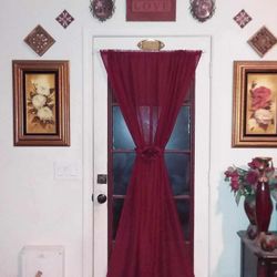 GORGEOUS SHEER BURGUNDY SILK ROSE DRAPE FRENCH CURTAIN PANEL MAGNETIC DOOR ROD DECOR 