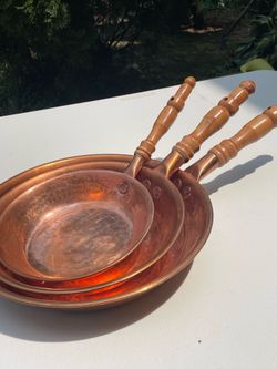Vintage Decorative 3-Piece Copper Pans Set w/ Wood Handles