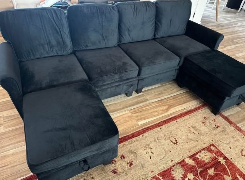 HONBAY 6 Piece Velvet Sectional Couch With Storage Seat in Black