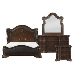 Brand New Brown Traditional Queen Bedframe + Dresser + Mirror + Nighstand 4PCs Bedroom Set