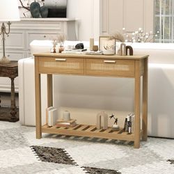 Rattan Console Table Modern Entryway Table Narrow Foyer Sofa Tables with 2 Drawers and Bottom Storage Shelf Small Behind Couch Table for Entryway,Hall