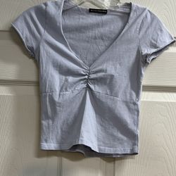 Brandy Melville Blue Short Sleeve Ruched V Neck Cropped Top - One Size - VGUC