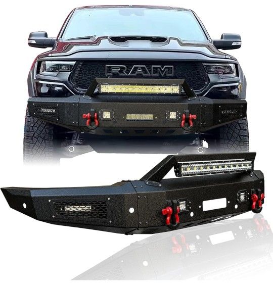 Front Bumper Compatible with 2021 2022 2023 Dodge RAM 1500 TRX w/Winch Plate & 1x144W LED Light & 4x 24W LED Lights & 2x 4.75T D-Rings + Sensor Mounti