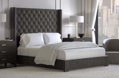 NEW! King Saatva Amalfi Gray Velvet Bed Frame Set *delivery*