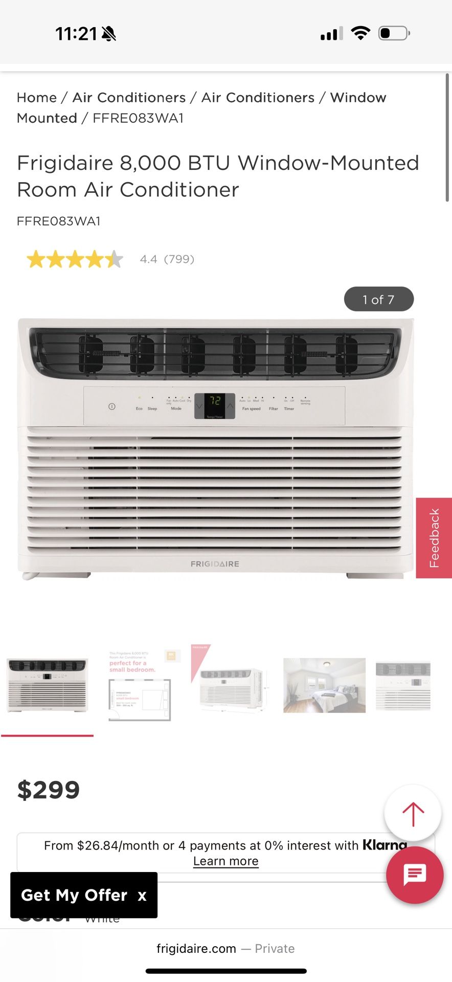 Window AC Air Conditioner Frigidaire 8,000 BTU