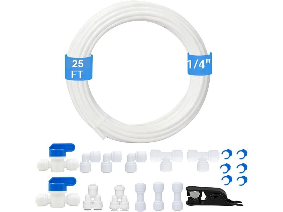 Water Line Kit for R.O. System and Ice Maker 25 ft length x 1/4” O.D. Water Tubing with Quick Connects and Tubing Cutter