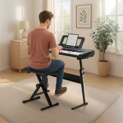 61 Keys Keyboard Piano with Lighted Keys, Z-Stand, Piano Bench, Black