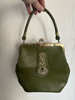 Cute Vintage Green Leather Handbag with Gold Detail