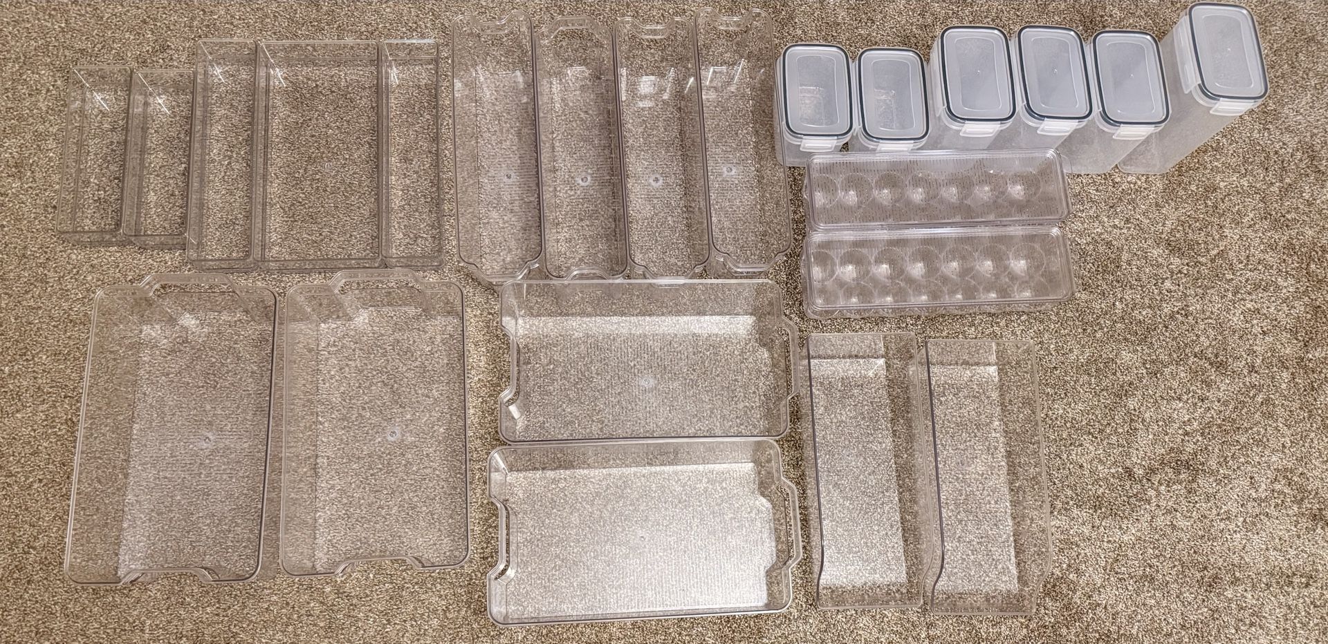 MOVING SALE!!!— Set of 23 Clear Plastic Storage Bins & Organization Containers