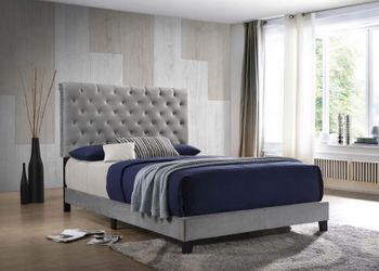Brand New Gray Velvet Bed Frame.  Comes New In Box. Mattress Sold Separately. King And Queen Available 