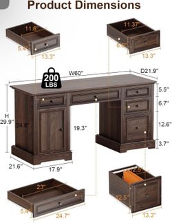 Brand New 60” Farmhouse Desk Wood Desk with File Cabinet