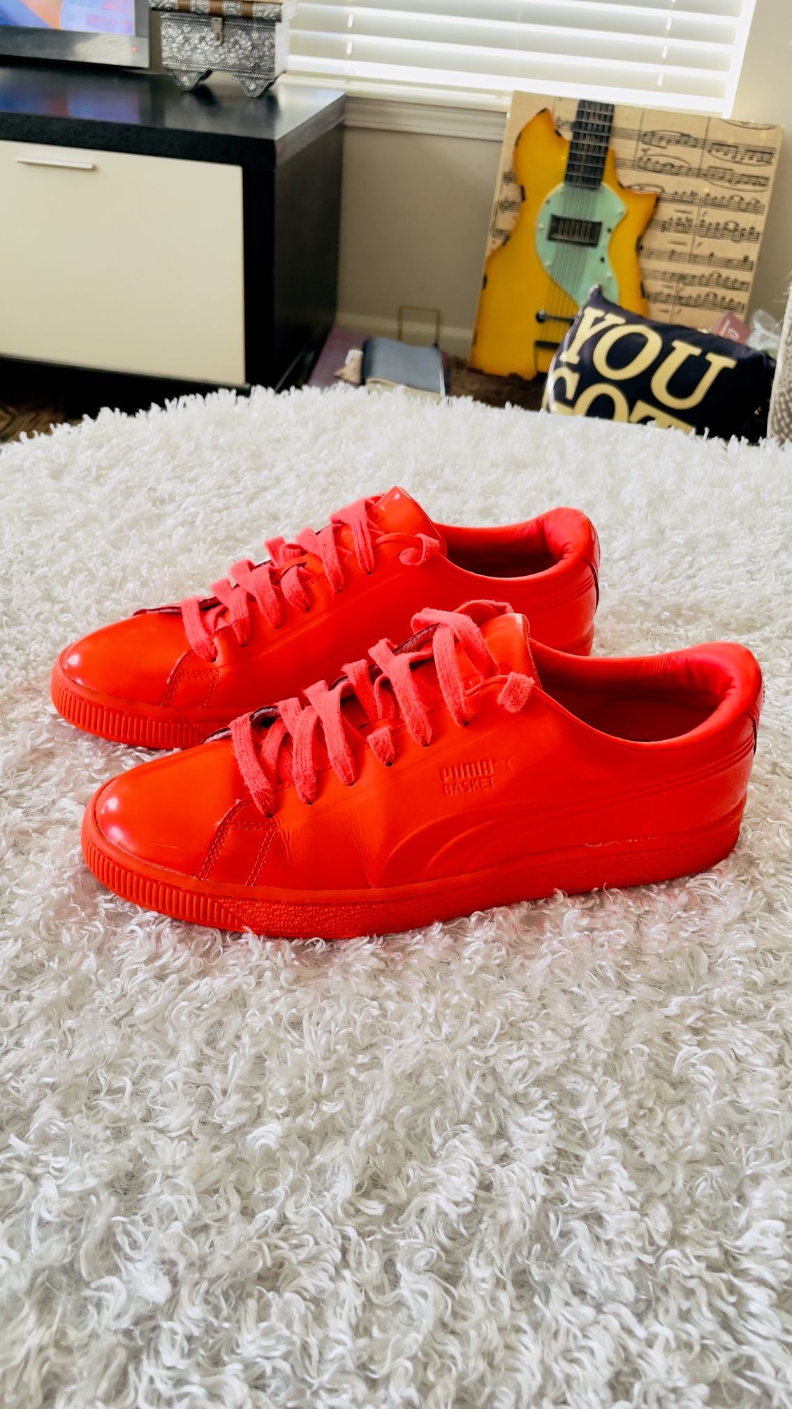 Men's sz 8.5 Puma Basket Classic Patent Emboss Red Blast Orange Shoes.