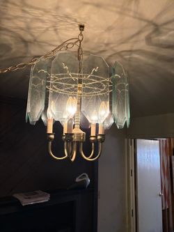 Brass and Glass Panel Chandelier