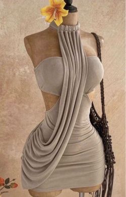 Beige Halter Neck Draped Mini Dress