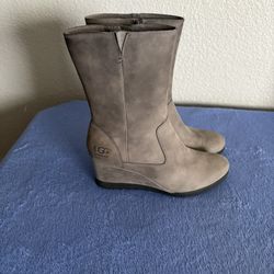 Women’s UGG Gray Joely Wedge Boot Leather Zip Up Waterproof 