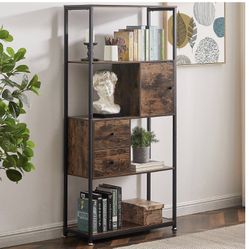 5-Tier Bookcase, Open Book Shelf with Middle Drawers, Storage Organizer for Living Room, Home Office