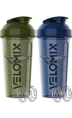 VELOMIX -2 Pack- 28 oz Protein Shaker Bottles for Protein Mixes - 2x Wire Whisk | Leak Proof Shaker Cups for Protein Shakes | Pre Workout Shaker Bottl