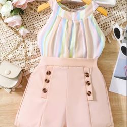 2 Pcs Girl's Casual Outfits, Rainbow Striped Halter Neck Top & Button Shorts Set, For Party Beach Holiday Vacation Kids Summer Clothes (Please Purchas