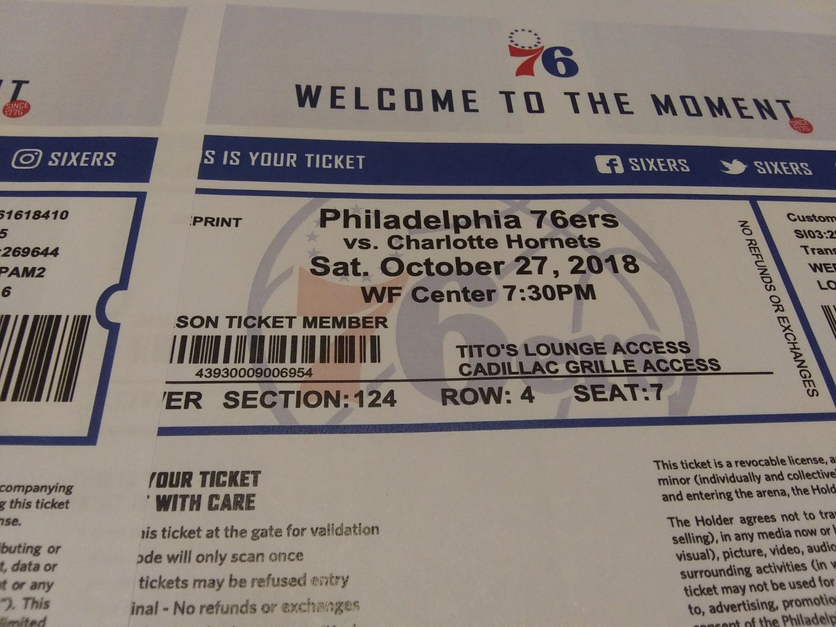 2 Sixers ticket for 10-27-18 section 124 row 4 seats 6 an 7 there on line for 254.00 im letting the go for 200.00