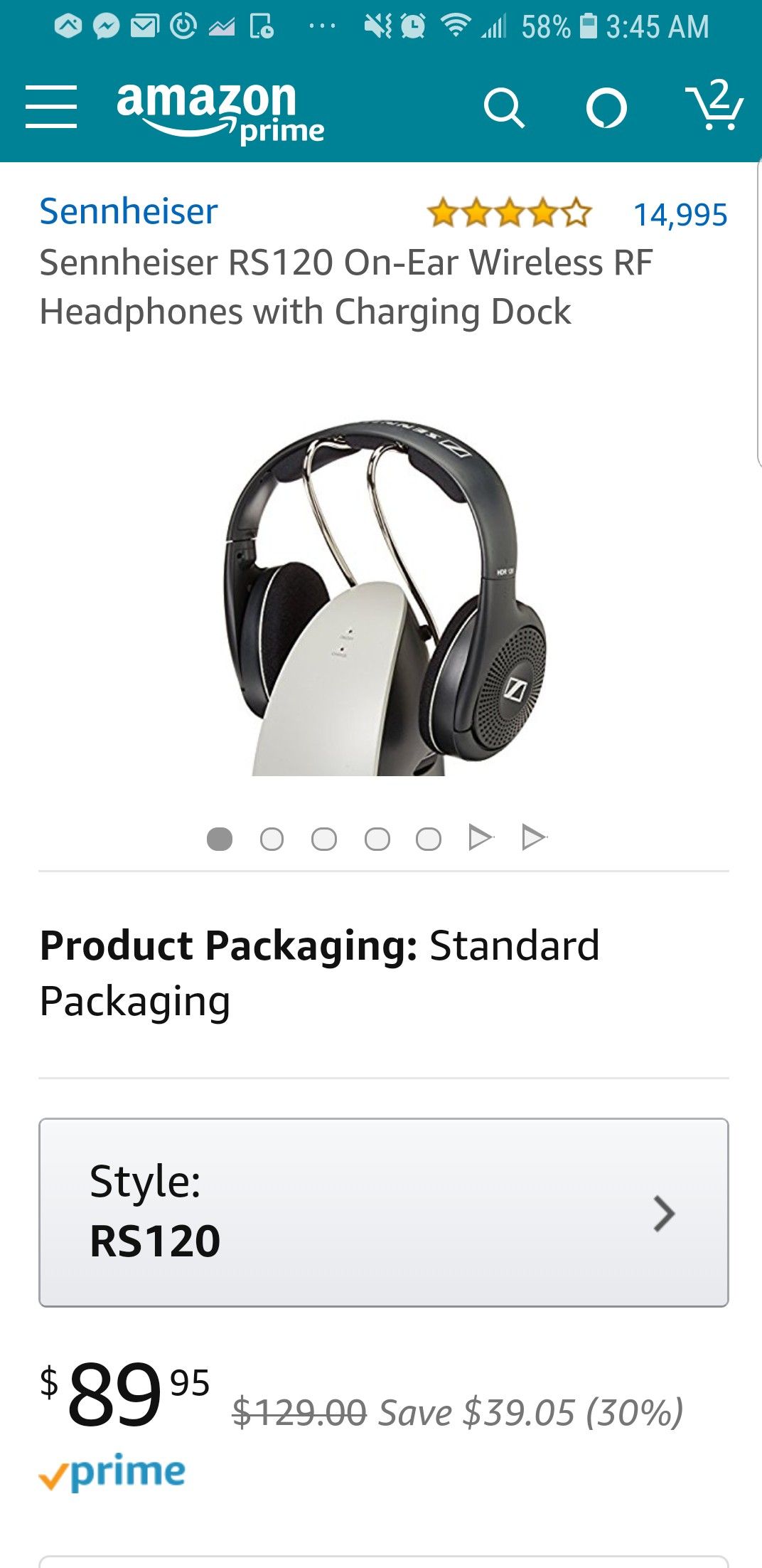 Sennheiser RS120 On Ear Wireless RF Headphones with Charging Dock