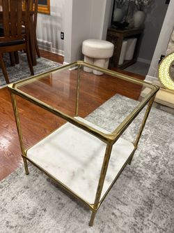 Antique Brass Square Glass End Table with Marble Shelf From Ashley  21 in. W x 21 in. D x 24.88 in