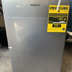 New Whirlpool 4.3 Cu. Ft. Refrigerator Minor Bottom Door Damage. Works Good. Must Pickup