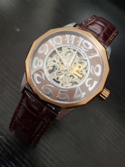 🔥MINT Stuhrling Cesario Cal ST90089 Bronze/Leather Skeleton Watch