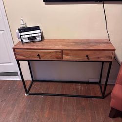 Modern Console Table – Wood Top & Black Metal Frame – 2 Drawers