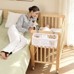 Brand New 3-in-1 Wooden Baby Bassinet Bedside Sleeper with Wheels & Mattress – Natural