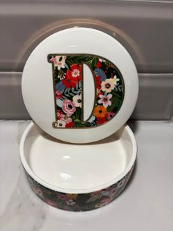 Floral Monogram initial D ceramic trinket box