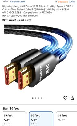 Highwings Long HDMI Cable 30 FT, 8K 4K Ultra High Speed HDMI 2.1 Cord 48Gbps Braided Cable 8K@60 4K@120Hz Dynamic HDR10 eARC HDCP 2.2&2.3-Compatible w