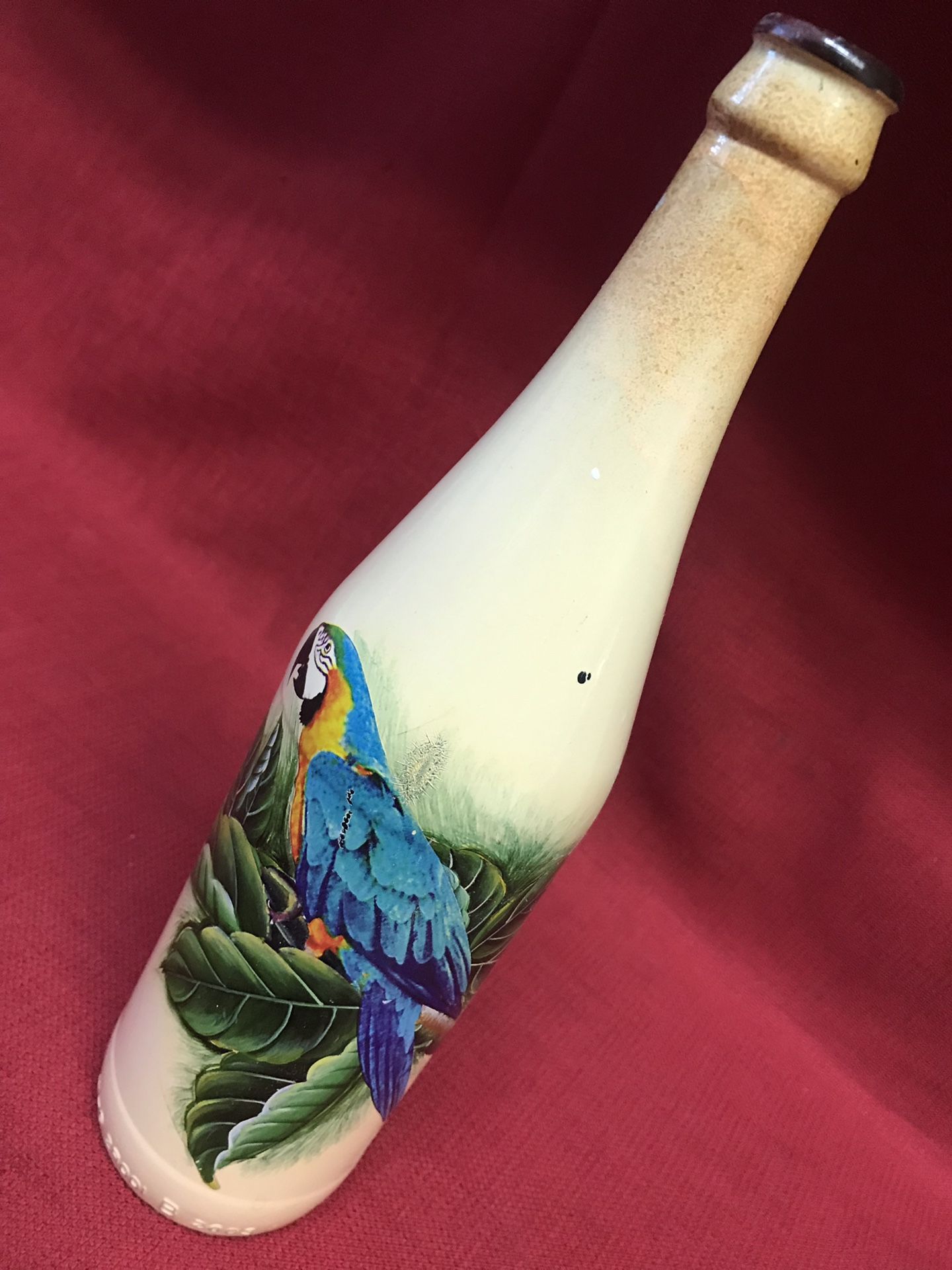 MayRich Company Cream Color Hand Painted Parrot Glass Bottle Vase 11 1/4”T x 2 3/4”dia.