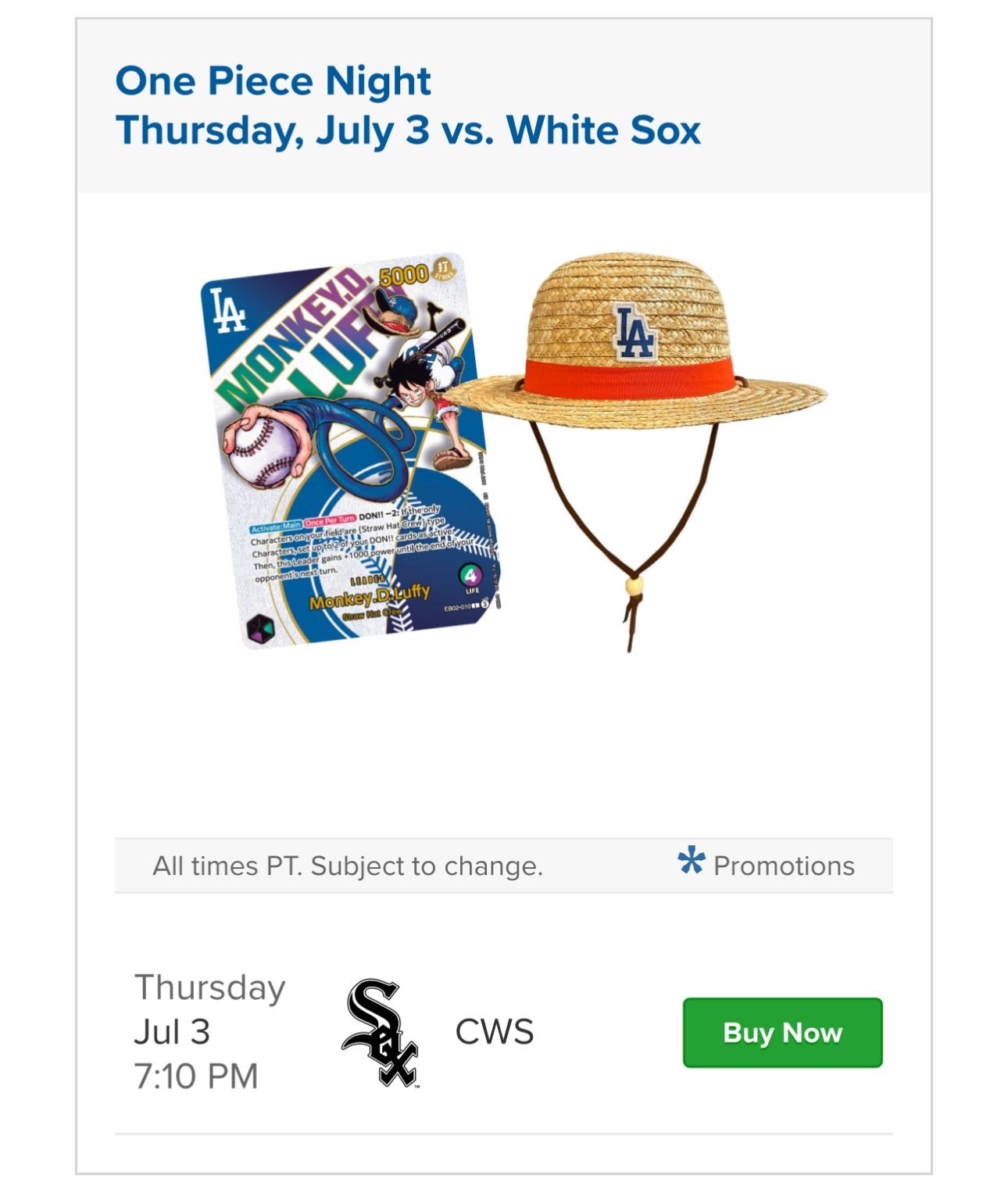 Dodgers Tickets , One Piece Night